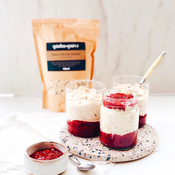 Swiss Bircher Muesli &amp; Raspberry Chia Jam Pots - Goodies and Grains