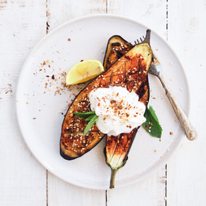 Dukkah and Harissa Roasted Eggplant