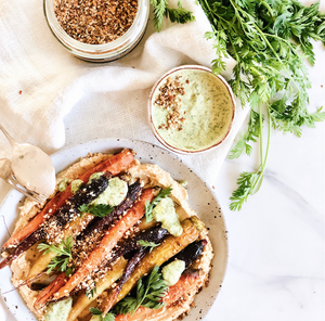 Dukkah Roasted Carrots with Tahini Hommus and Salsa Verde