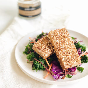 Dukkah Crusted Tofu with a Honey Dijon Veggie Slaw